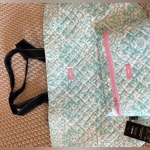 Aqua and White Quilted Tote Bag